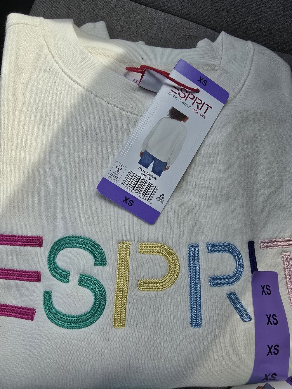Esprit Cream Sweatshirt Crewneck with Multicolor Embroidered Logo NWT - Picture 3 of 3